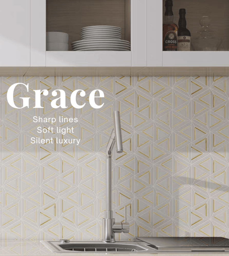 โมเสคหินอ่อน TIMELESS TILES รุ่น GRACE 35X31 ซม. สีขาวเทา ตกแต่งสเตนเลสสีทอง_2